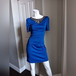 Blue Dress with Embellished Neckline